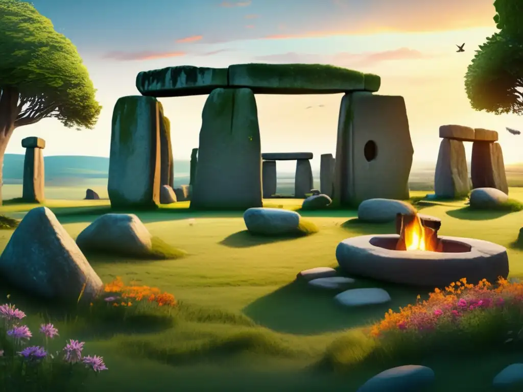 Encantos del camping en Stonehenge: una imagen detallada de un campamento sereno rodeado de antiguas piedras en Stonehenge, con monolitos imponentes de fondo, naturaleza exuberante y un cielo estrellado