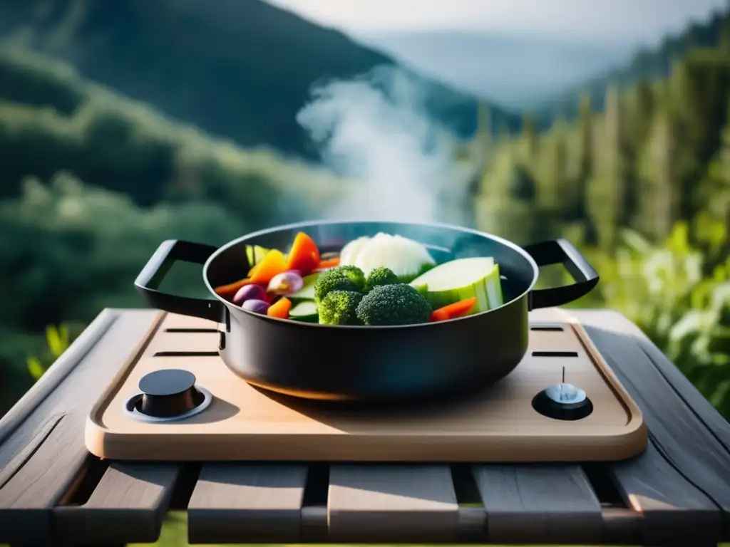 Beneficios de cocinar al vapor en acampadas - Campamento en un bosque exuberante con una estufa de camping moderna y minimalista