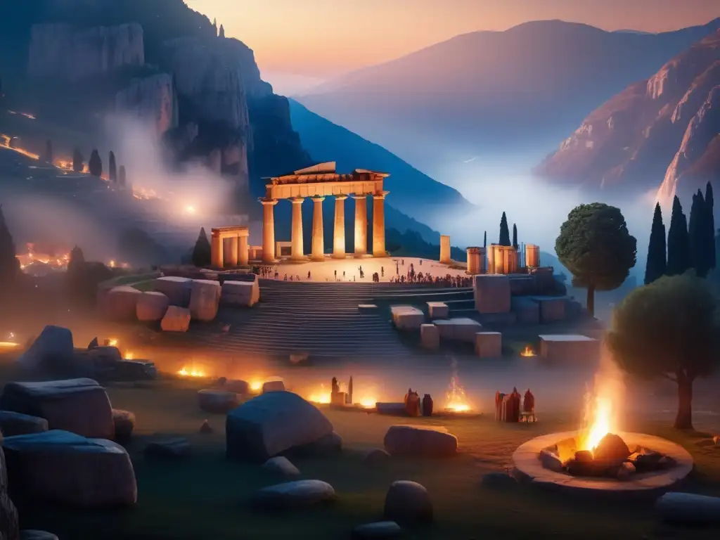 Encanto acampada antiguo santuario Delphi: mística imagen de ruinas majestuosas, fogata iluminada y aventureros emocionados