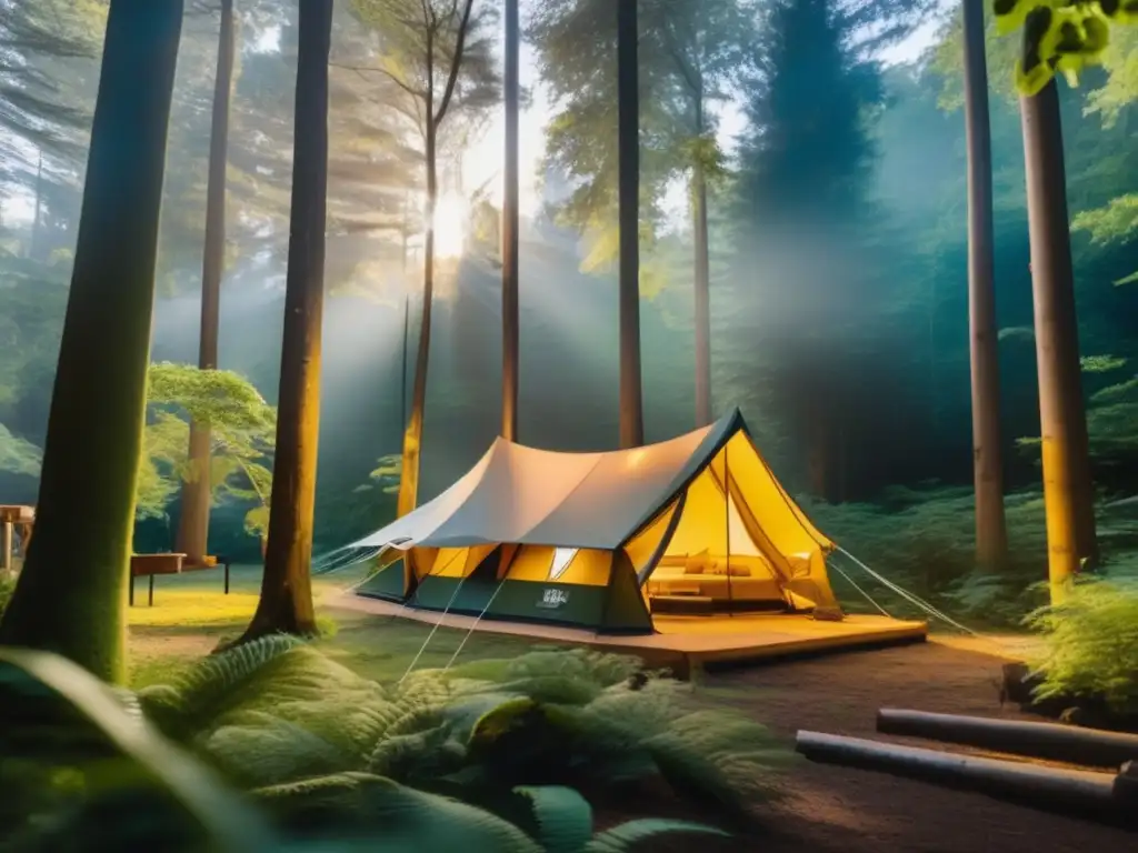 Campamento en bosque con tienda moderna y materiales de supervivencia evolucionados