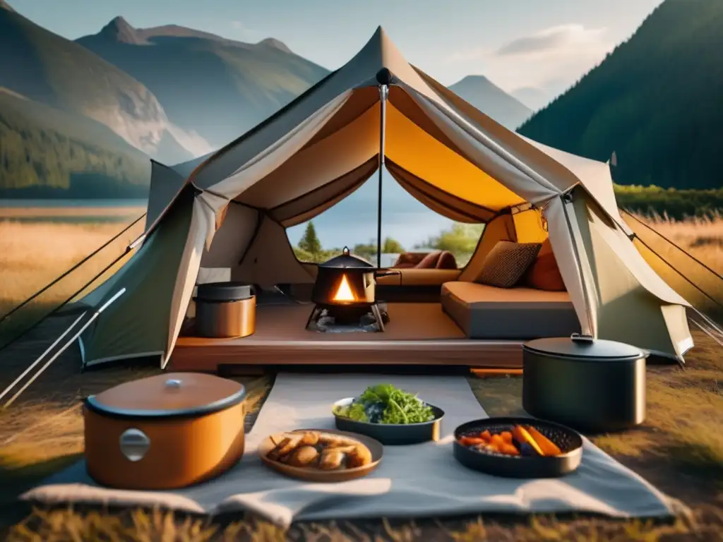 Camping perfecto con tienda de campaña moderna y entorno misterioso