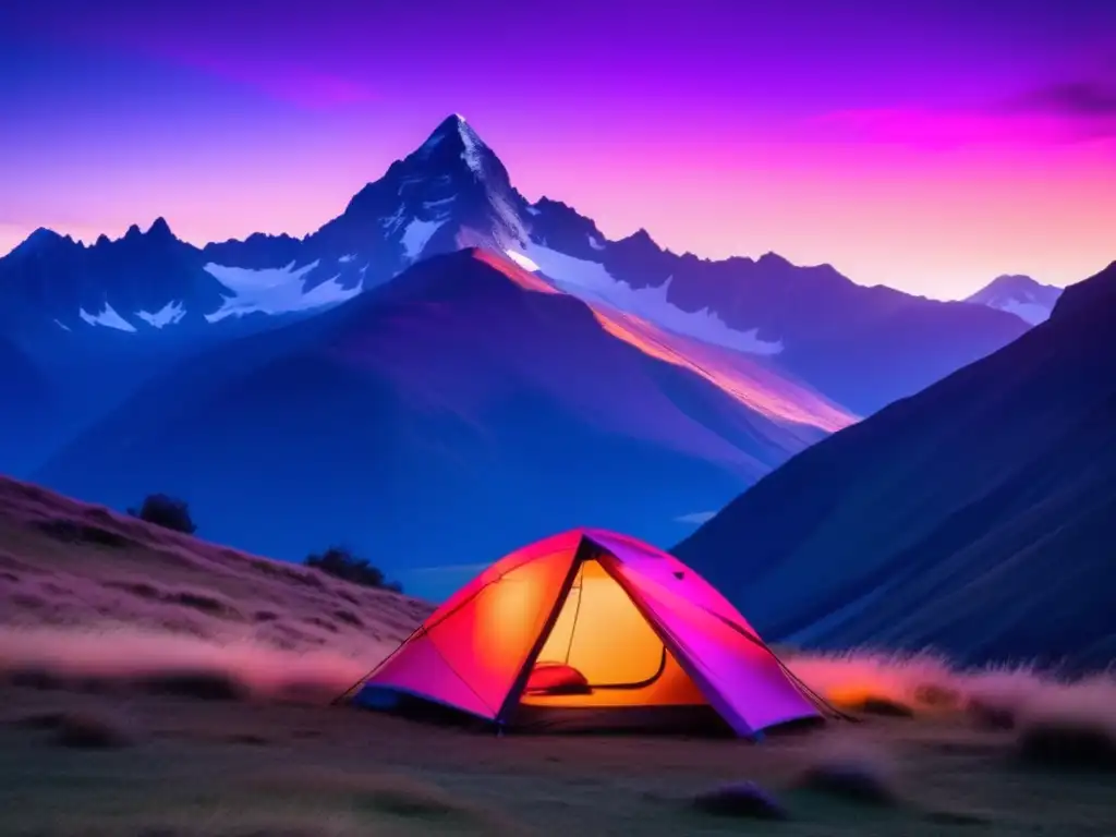 Equipo de camping para montaña: preparación, paisaje impresionante al atardecer con tienda de campaña y montañas majestuosas