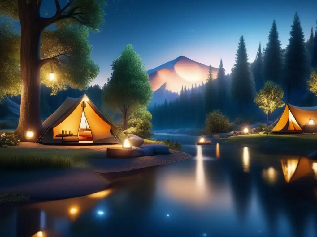 Evolución iluminación acampar naturaleza: noche mágica, campamento iluminado, tecnología y belleza natural