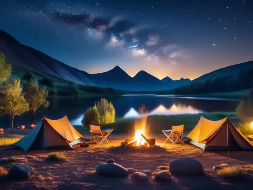 Impacto del camping en el cambio climático: Noche de acampada con fuego, luces solares y río reflejando la luna