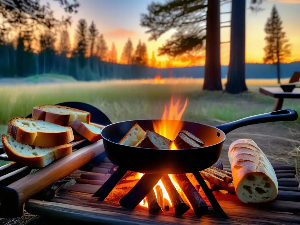 Pan casero en camping: Campamento sereno al atardecer, fogata rústica, pan dorado horneándose, naturaleza y tranquilidad