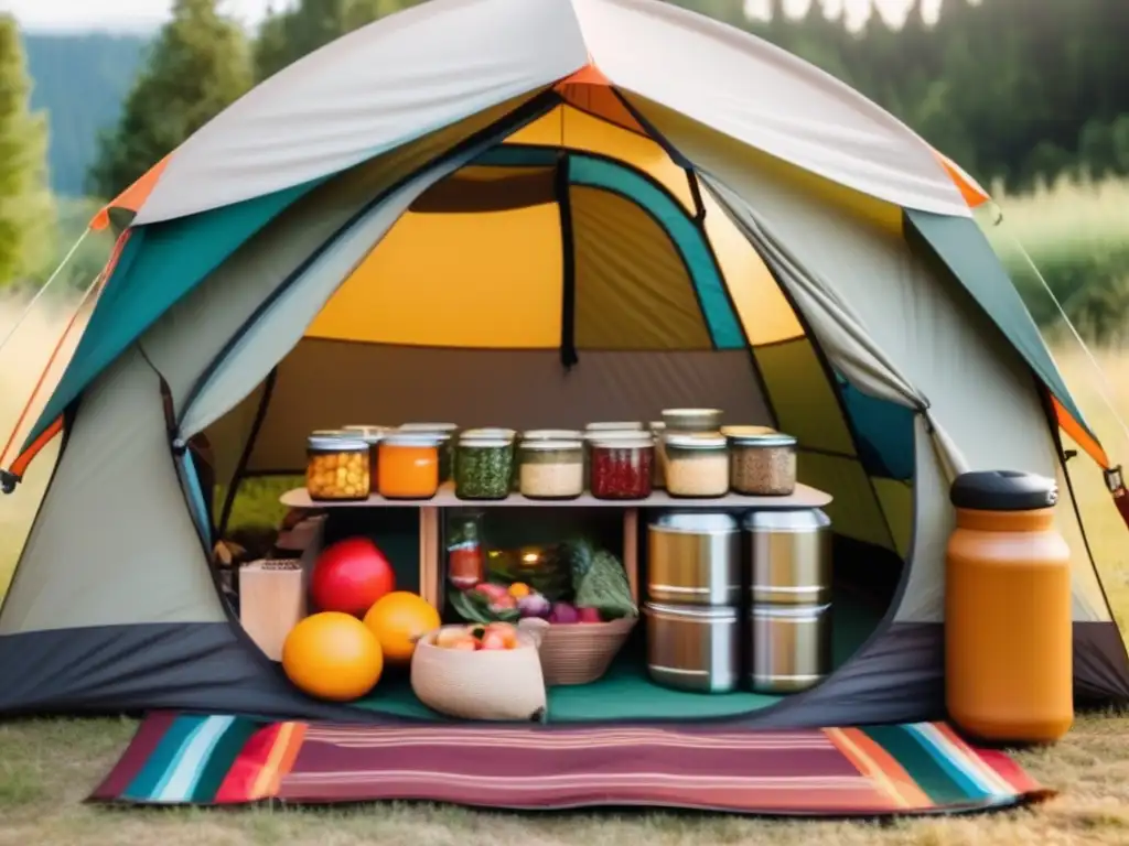 Beneficios de las conservas en camping: tent, almacenamiento organizado, variedad de comidas deliciosas con alimentos enlatados