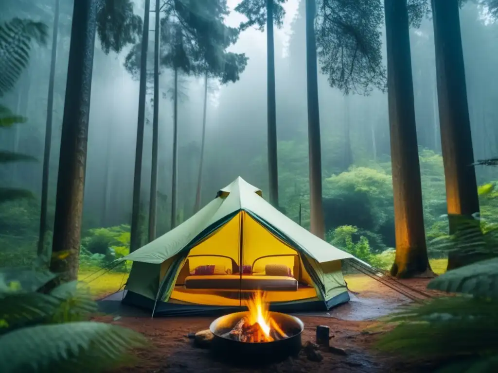 Escena de acampada reconfortante en días de lluvia con amigos disfrutando de recetas fáciles en la naturaleza