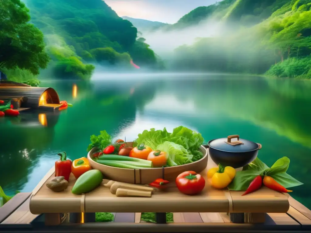 Cocina al vapor en acampadas: mesa rústica con vegetales frescos y beneficios para la salud