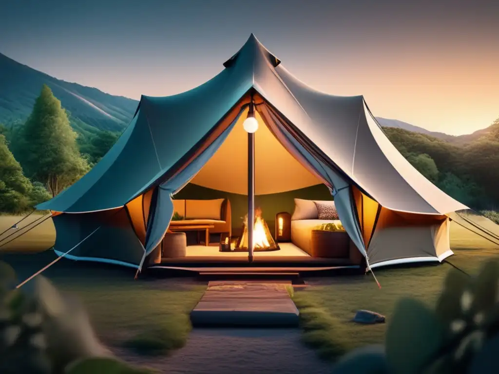 Escena de camping perfecta con tienda moderna y cómoda, rodeada de naturaleza y amigos