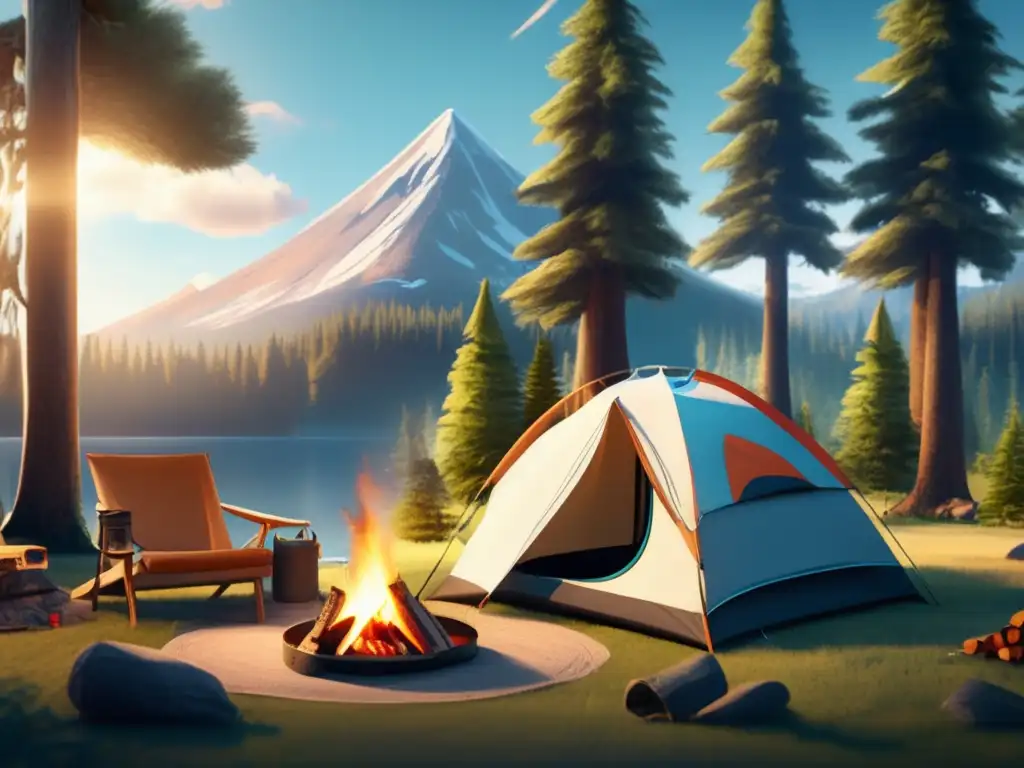 Beneficios salud mental camping: Imagen detallada 8K de un sereno escenario de camping con cielo azul, árboles altos y acogedora zona de camping