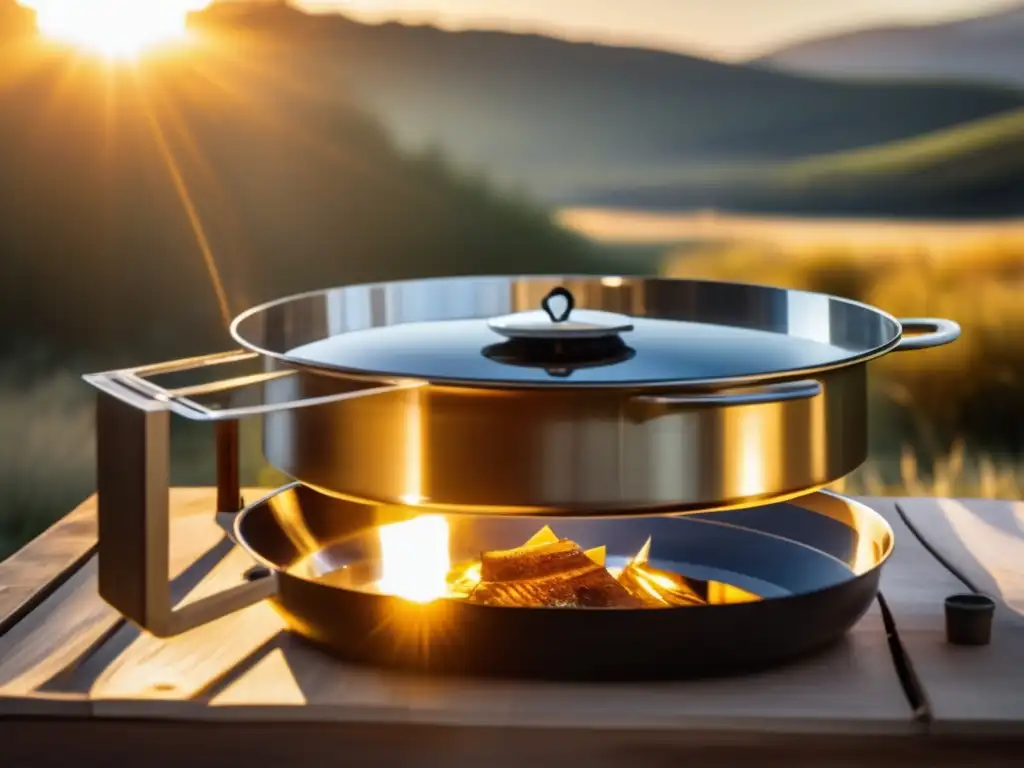 Cocina solar sostenible para camping en paisaje idílico