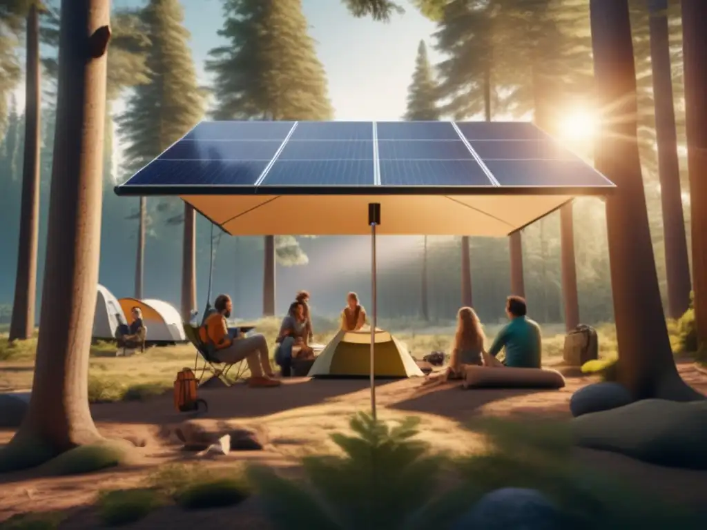 Beneficios de la tecnología solar en el camping: escena hermosa de campamento con paneles solares y actividades ecoamigables