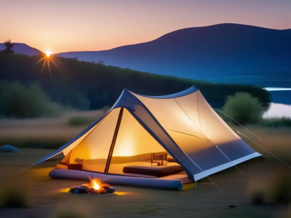 Escena de camping con tecnología solar, naturaleza y tranquilidad