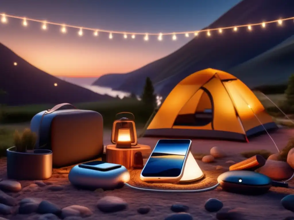 Beneficios de la tecnología solar en el camping: imagen impactante de campamento al atardecer con panel solar, cargador y estufa solares