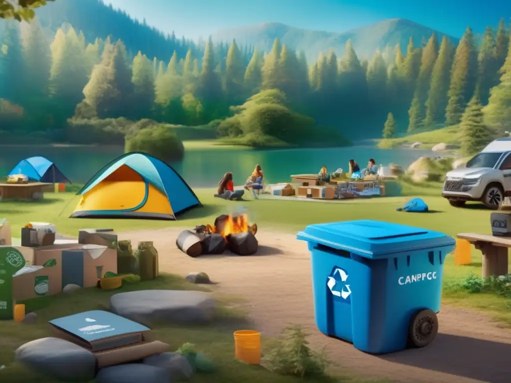 Escena de acampada con área de reciclaje y campamento educativo - Importancia del reciclaje en áreas de acampada