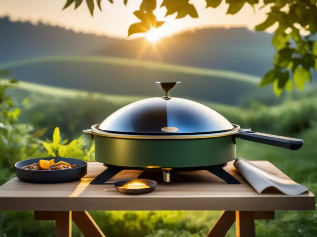 Cocina solar sostenible para camping en un entorno natural y tranquilo