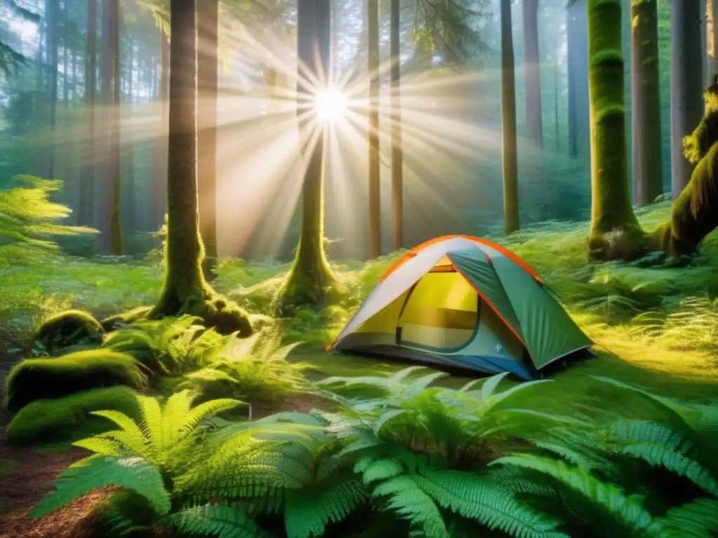 Consejos para acampar de manera sostenible en la naturaleza: Exquisita imagen de camping en un bosque denso iluminado por suaves rayos del sol