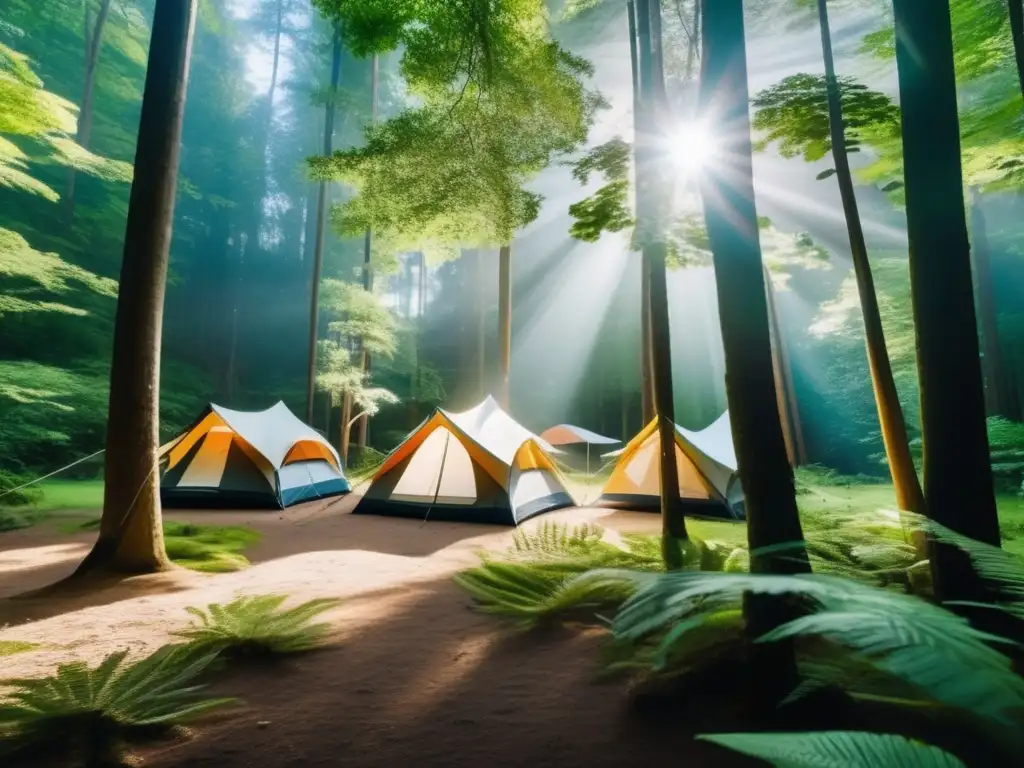 Campismo sostenible: impacto positivo en la naturaleza - Campamento moderno en un bosque exuberante con árboles majestuosos y un ambiente tranquilo