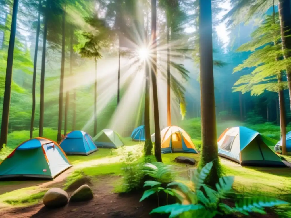 Campismo sostenible en la naturaleza: Bosque verde exuberante con rayos de sol, campamento ecoamigable y actividades de conservación