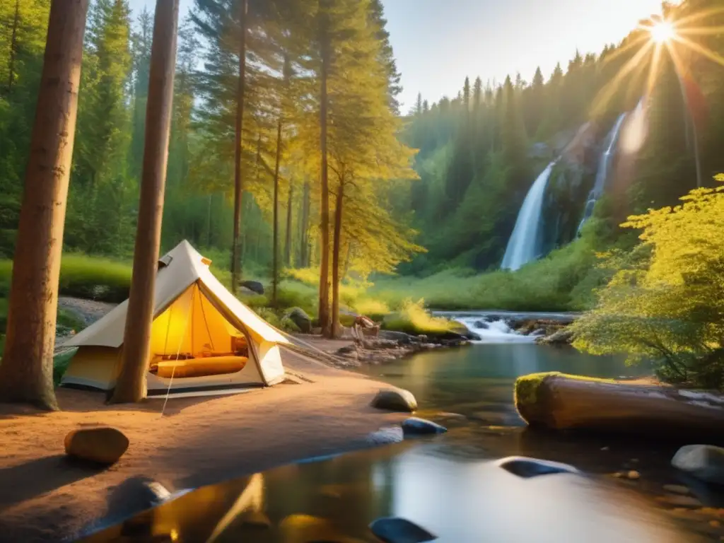 Campismo sostenible en la naturaleza: escena de campamento acogedor rodeado de bosque, arroyo cristalino y montañas místicas