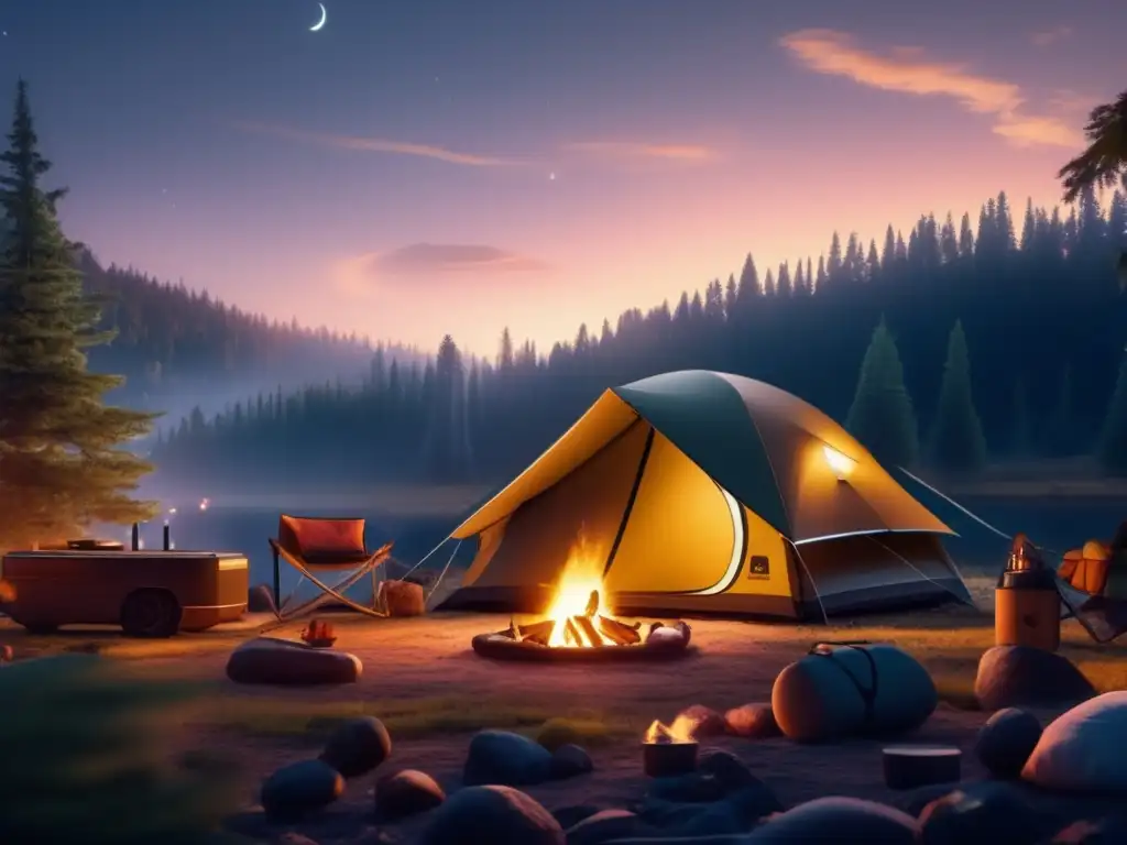 Escena de acampada moderna con tienda iluminada y acampadores con gadgets de camping