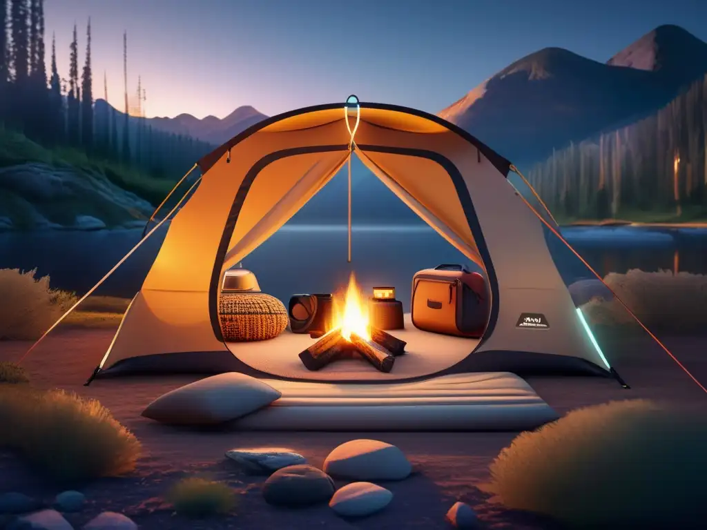 Beneficios tecnológicos en camping: escena de camping moderno y seguro, con dispositivos avanzados integrados en la naturaleza