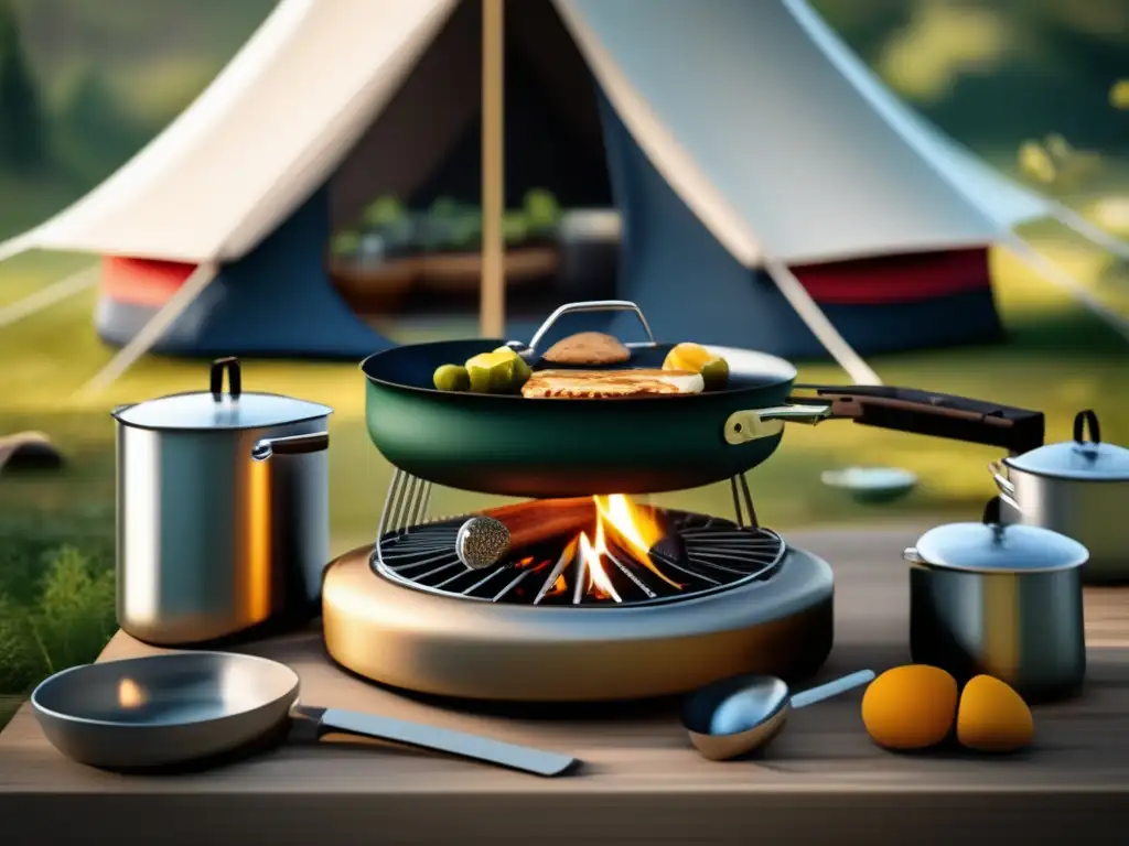 Utensilios de cocina para acampar en una serena configuración al aire libre