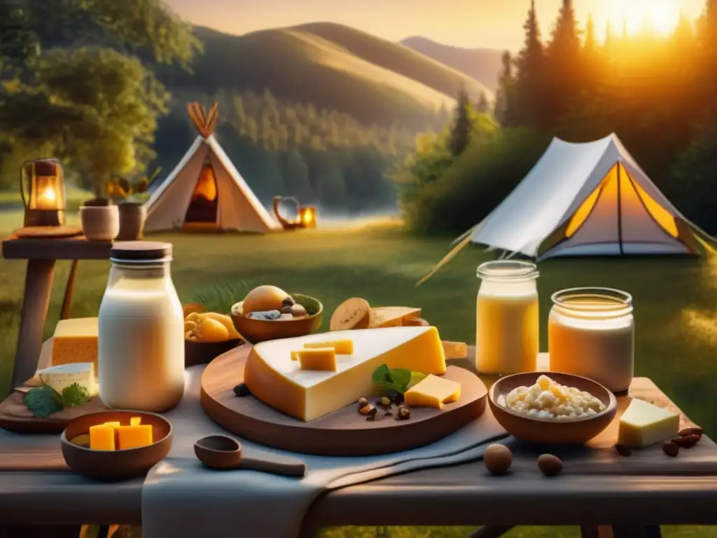 Alternativas veganas para lácteos en acampadas: mesa rústica en el bosque con opciones sin lácteos (110 caracteres)