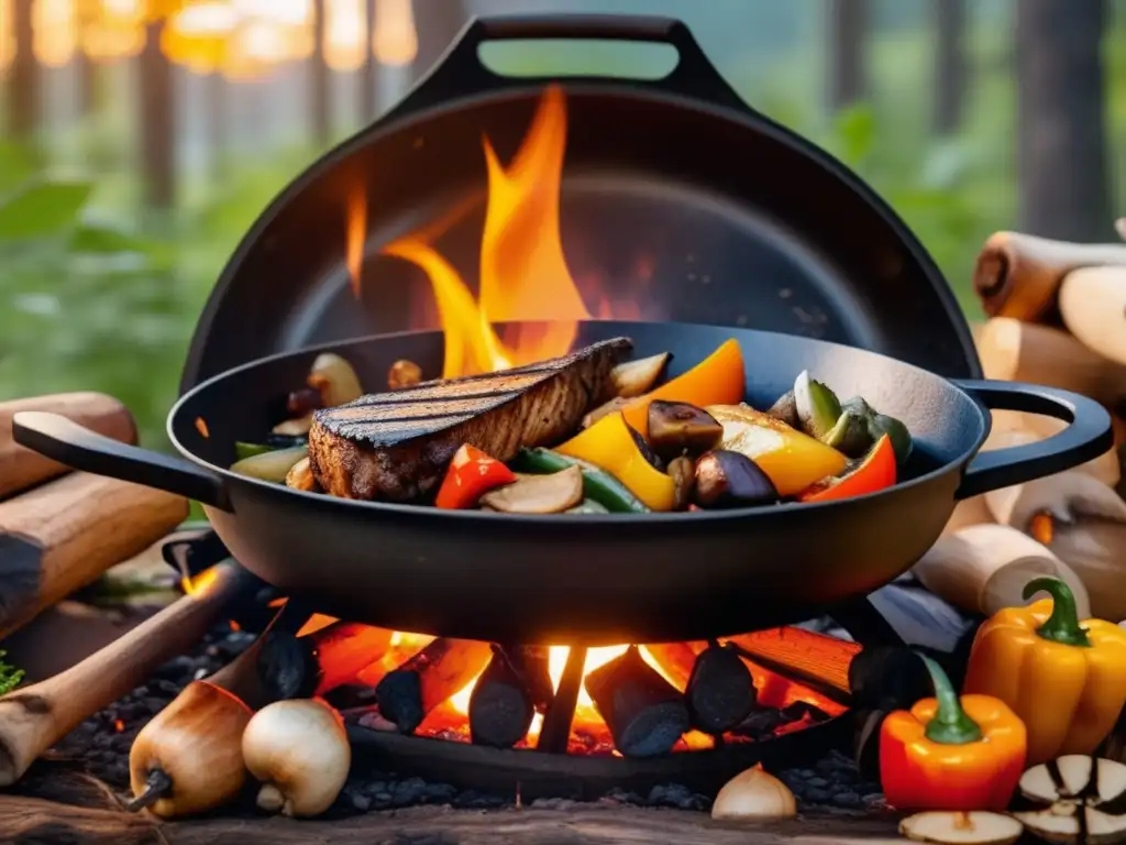 Recetas vegetarianas para acampadas saludables en un bosque encantador con fogata, verduras a la parrilla y utensilios de camping