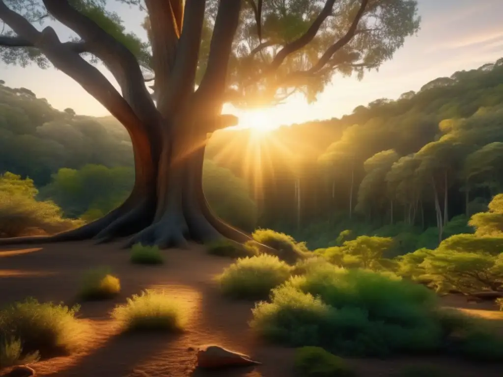 Campismo espiritual en la naturaleza: Bosque sereno al atardecer, árboles antiguos y sendero mágico