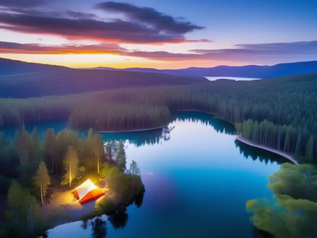 Beneficios del campismo para la salud cardiovascular: campamento en bosque con lago cristalino y equipo moderno