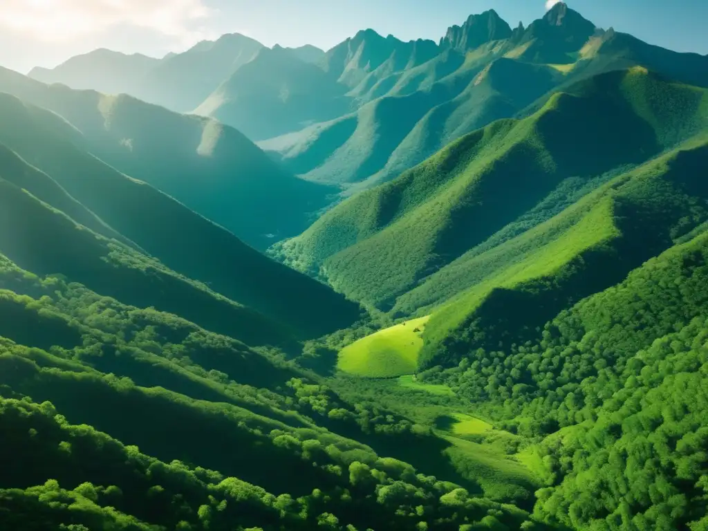 Campismo sostenible en la naturaleza: Vista aérea impresionante de un bosque verde exuberante rodeado de majestuosas montañas