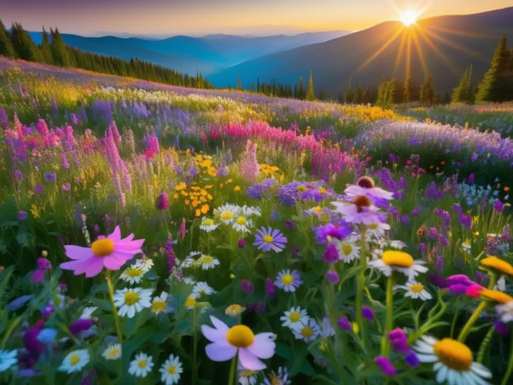 Flores silvestres en campo de ensueño rodeado de montañas nevadas