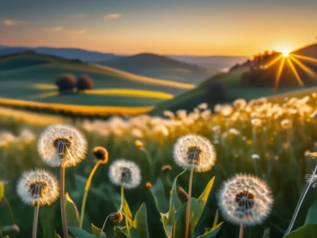 Campo vibrante al atardecer con diente de león: beneficios y usos del diente de león en senderismo y camping