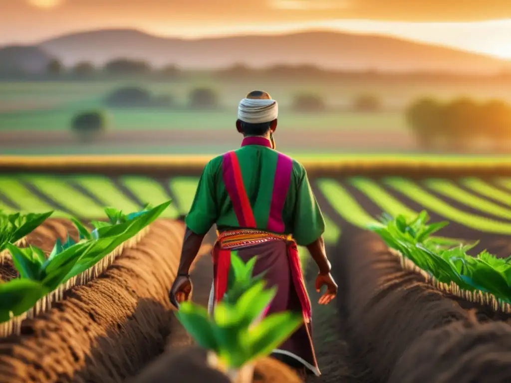 Conexión sabiduría indígena agricultura: campo verde exuberante, agricultor indígena cuidando cosechas vibrantes y símbolos ancestrales