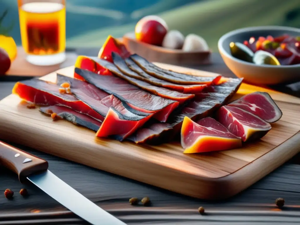 Técnicas de conservación de carnes en senderismo: Carpaccio de carne ahumada en escena de naturaleza salvaje