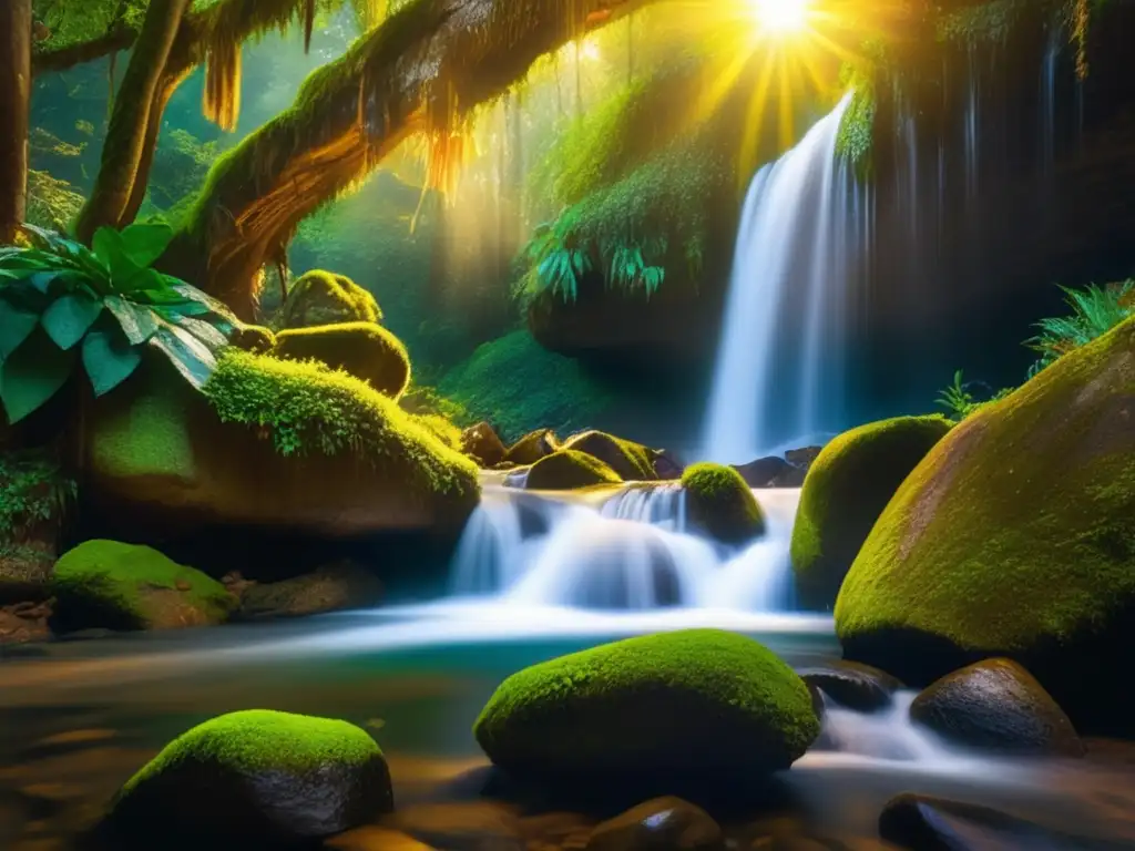 Cascada de los Suspiros: Historias emocionantes en un bosque encantado con cascada, luz dorada y flores vibrantes