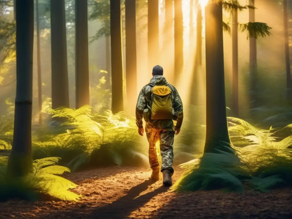 Técnicas camuflaje naturaleza salvar vida: Un cazador camuflado observa un grupo de ciervos en un bosque dorado al atardecer