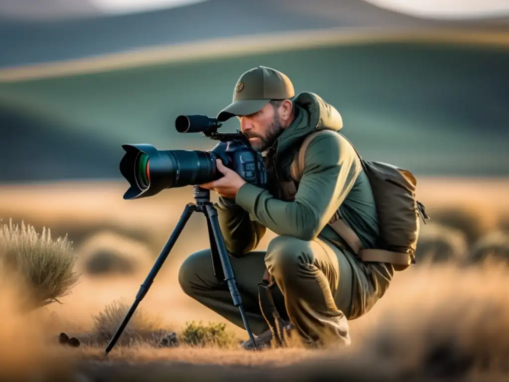 Fotografiando fauna salvaje: Consejos sigilosos, imagen 8k ultradetallada de fotógrafo en camuflaje, capturando majestuosa leona al atardecer