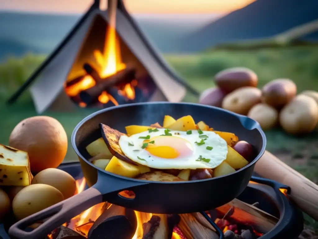 Utensilios de cocina para acampar en una escena de camping al atardecer con fogata y deliciosos platillos