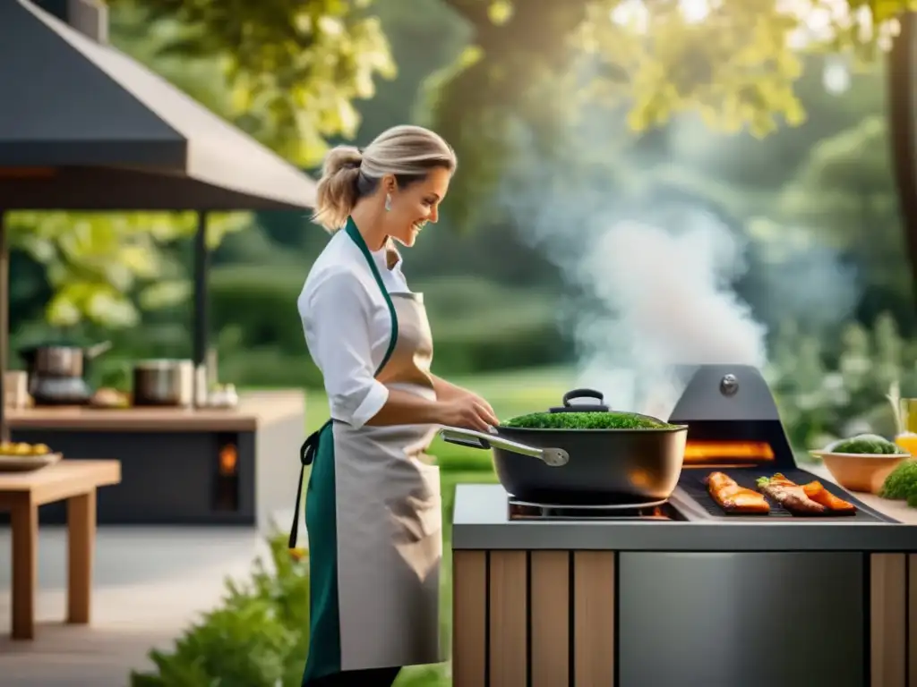 Escena de cocina al aire libre: chef experto preparando recetas con maravillosa naturaleza de fondo