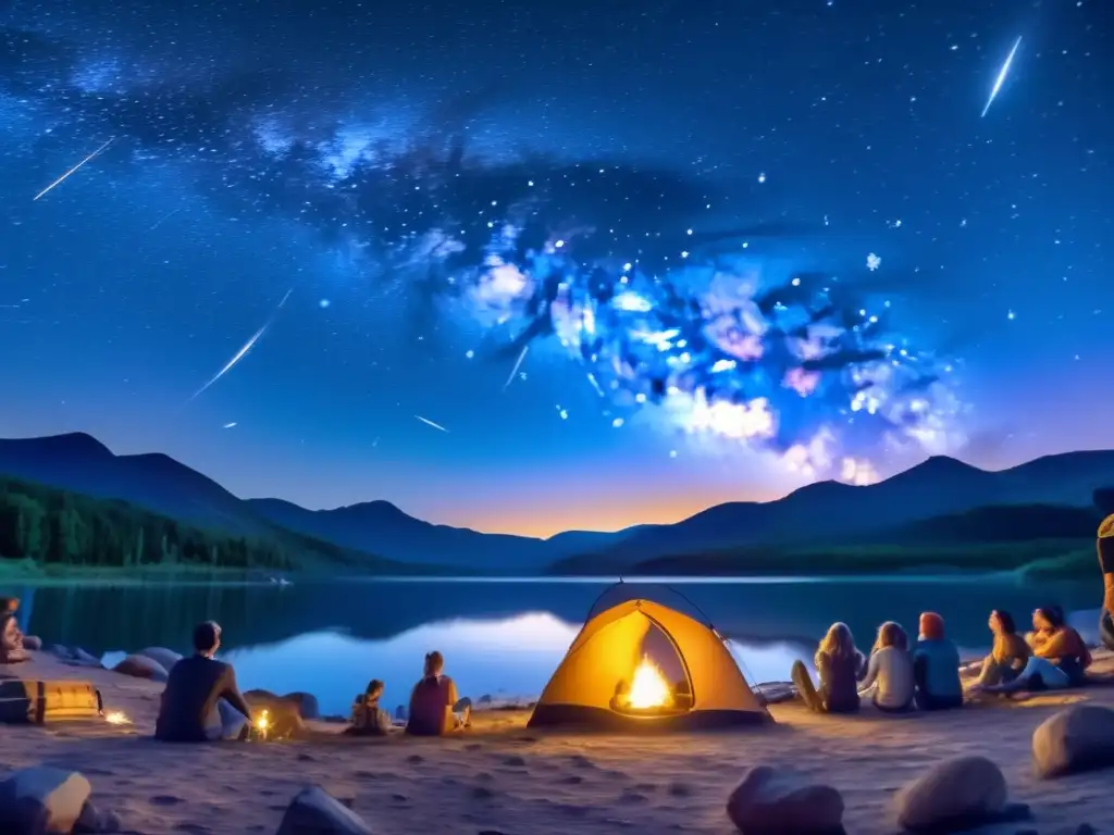 Guía estelar camping: Noche estrellada con campamento y constelaciones, invitando a explorar el cielo