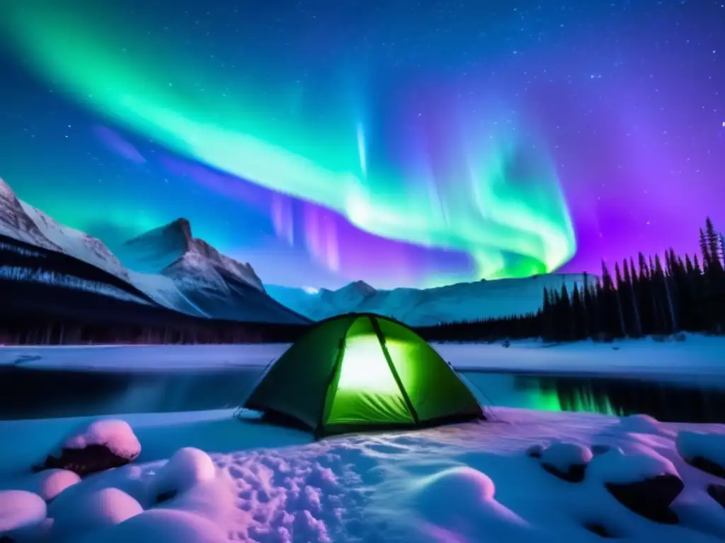 Cielo nocturno con auroras boreales, campamento y reducción de huella de carbono