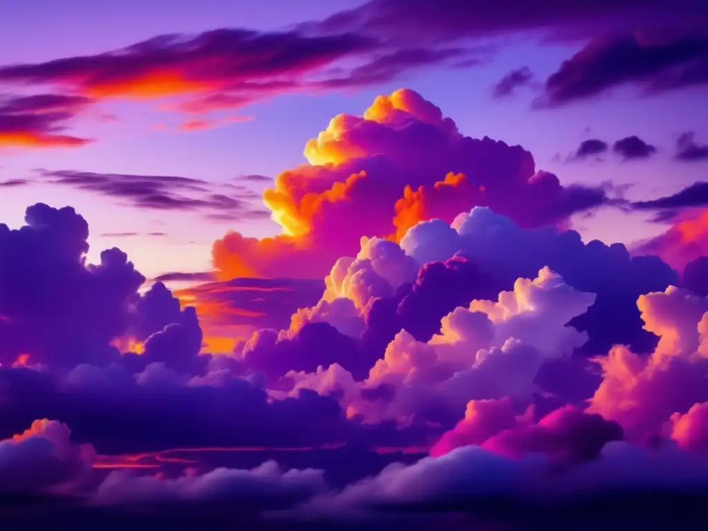 Fotografía de nubes impresionantes en un vibrante cielo al atardecer con colores dramáticos y formas cautivadoras