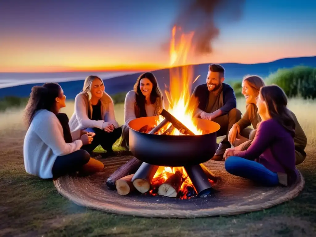 Un grupo de amigos alrededor de una fogata en medio de la naturaleza, disfrutando de una deliciosa receta paleo para acampar