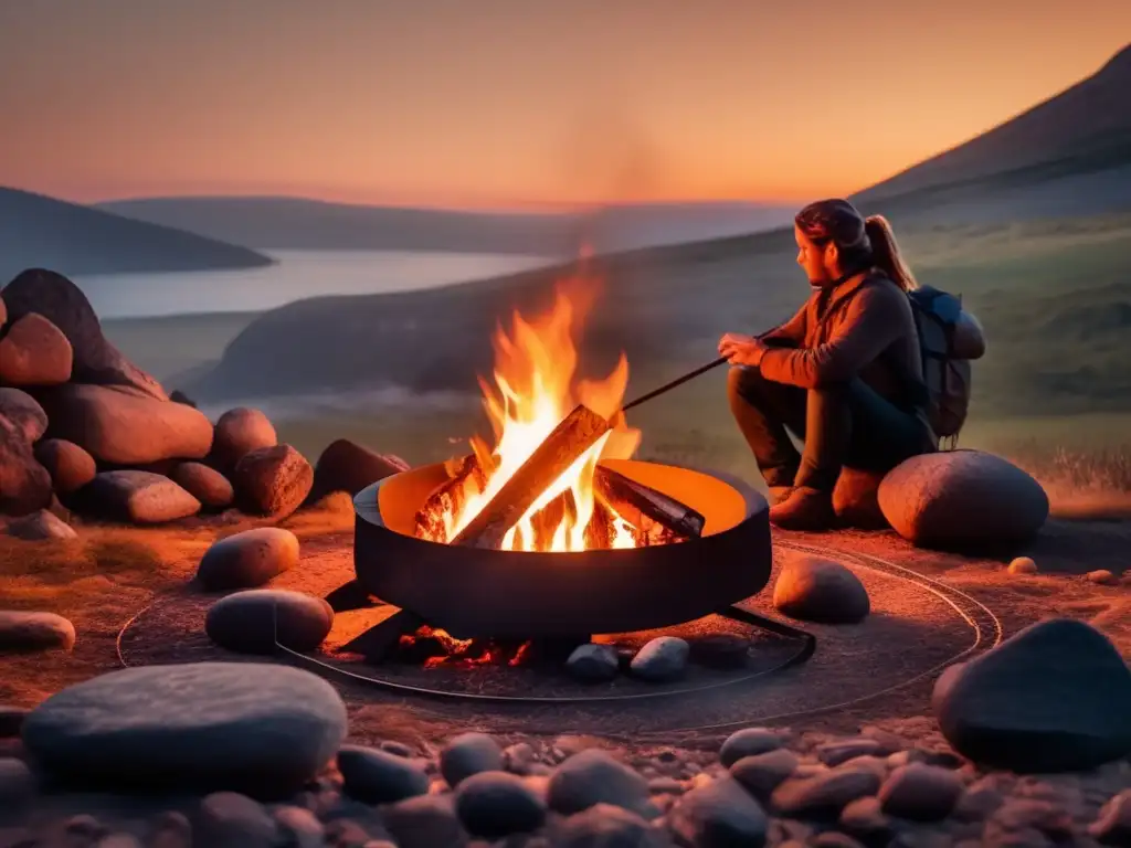 Cocina de campamento: historia y evolución, fogata misteriosa rodeada de piedras, fuego, humo, persona con estufa portátil