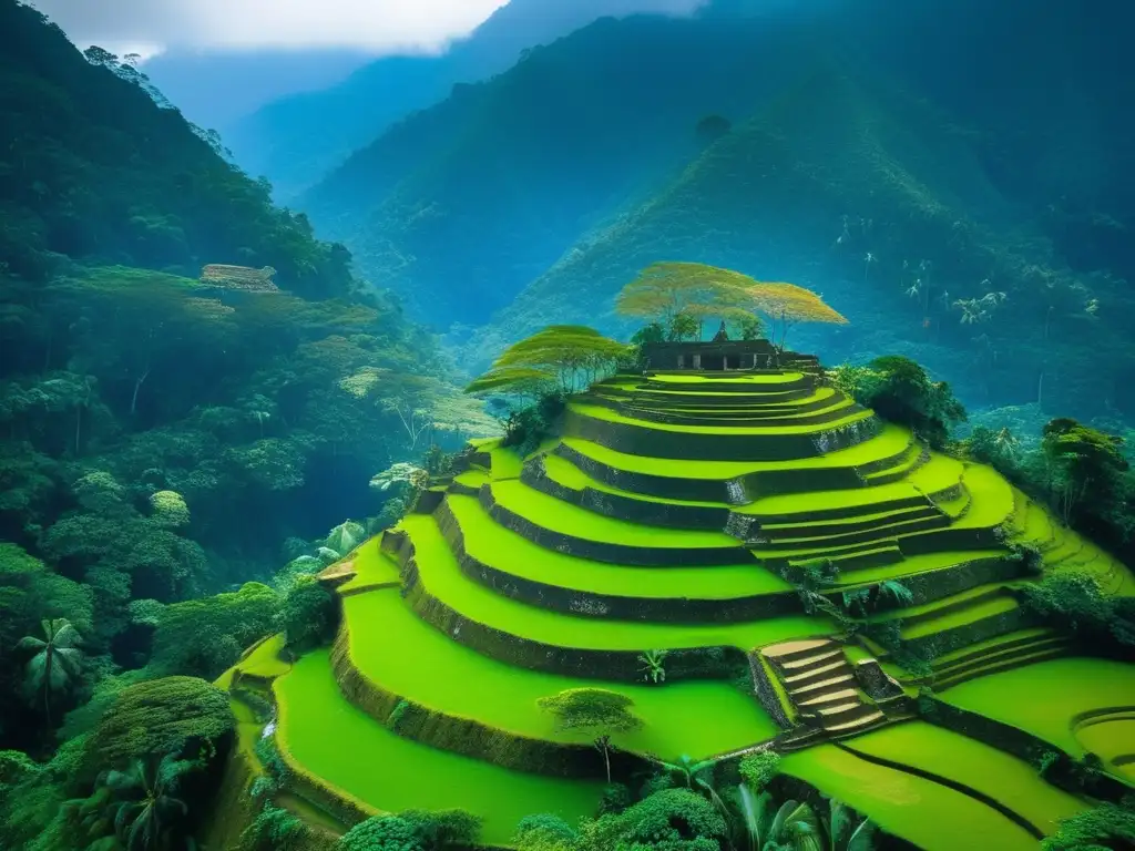 Senderismo en la Ciudad Perdida de Colombia - Vista aérea impresionante muestra ruinas antiguas, selva tropical y aventureros ascendiéndola