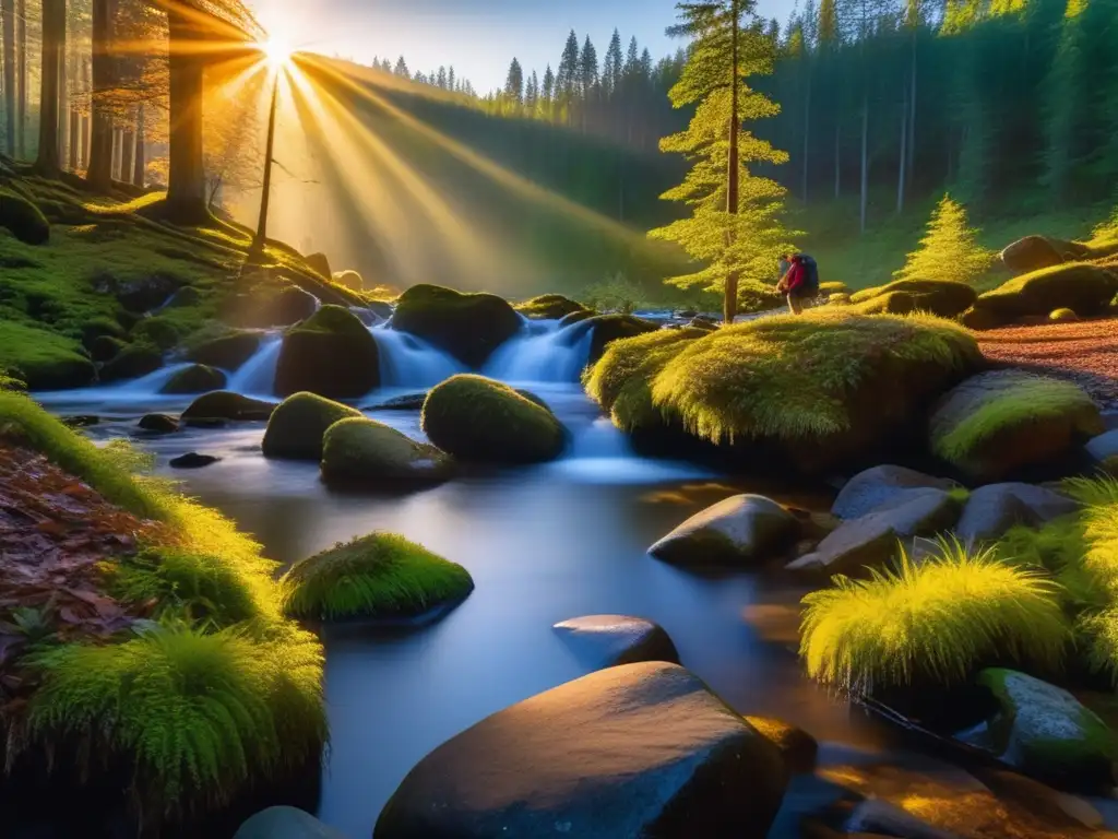 Purificación de agua en la naturaleza: hiker disfruta del agua cristalina en el bosque al atardecer