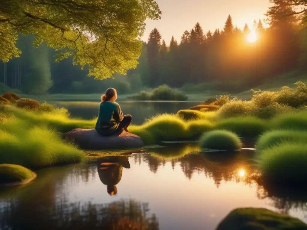 Ejercicios de relajación en la naturaleza: persona tranquila en bosque sereno