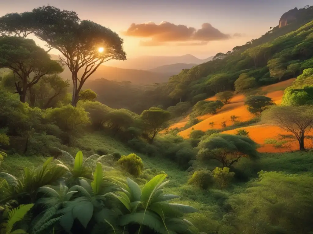 Plantas medicinales y comestibles para camping en un hermoso bosque al atardecer con árboles imponentes